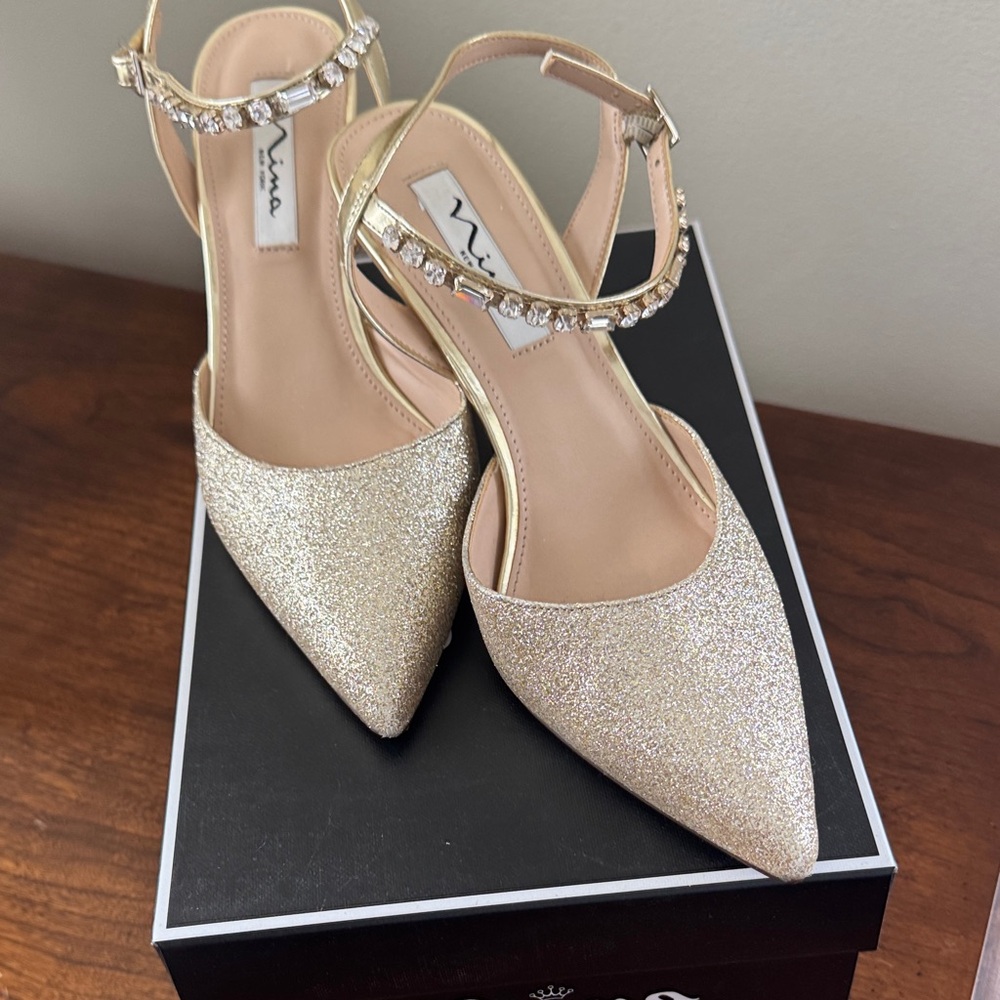 Nina Gold Glitter Heels with Rhinestone Strap